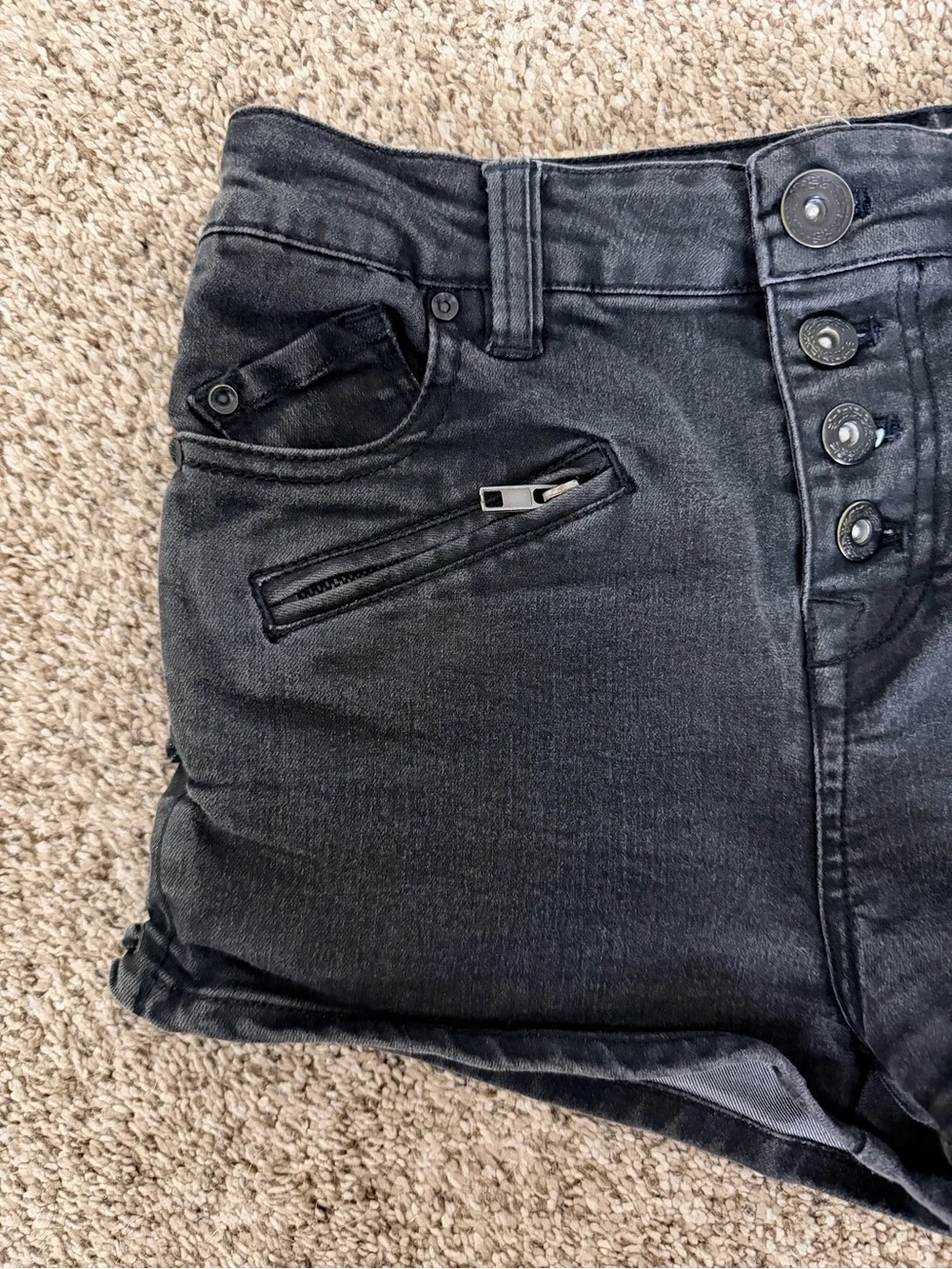 Free People High Rise Black Denim Hot Pants Button Fly Lace-Up Shorts 26